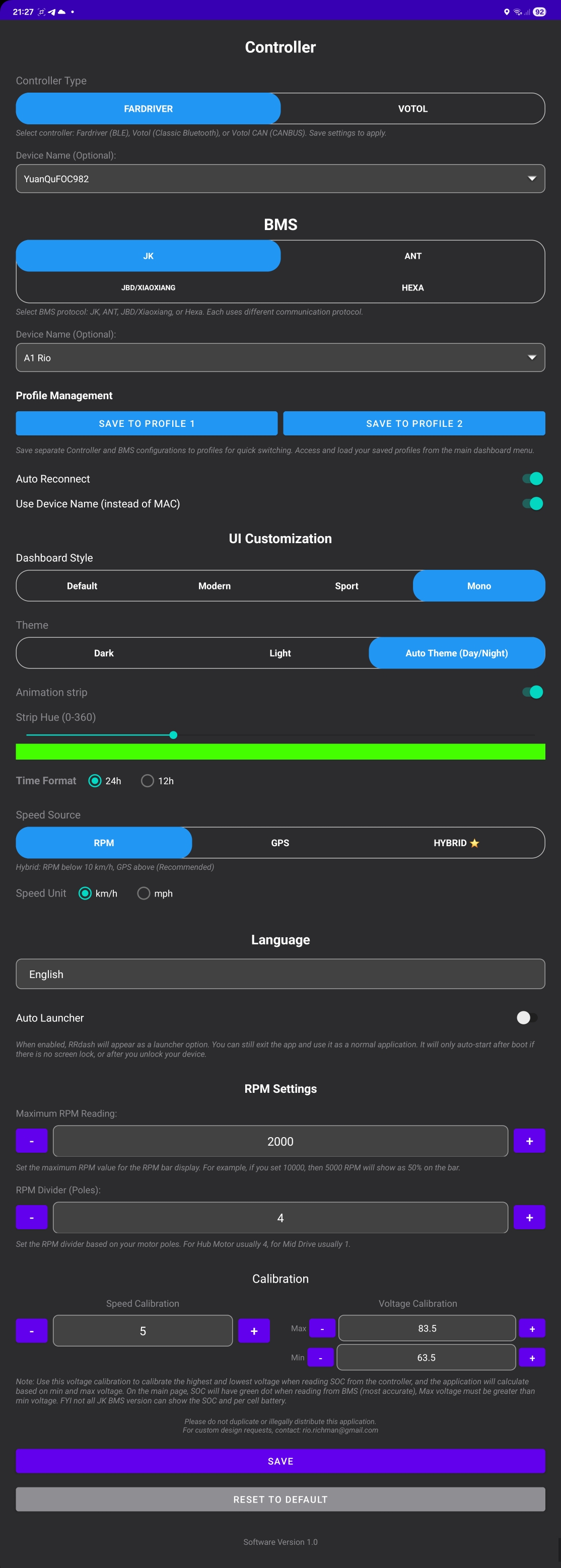 RRDash settings and controller BMS configuration